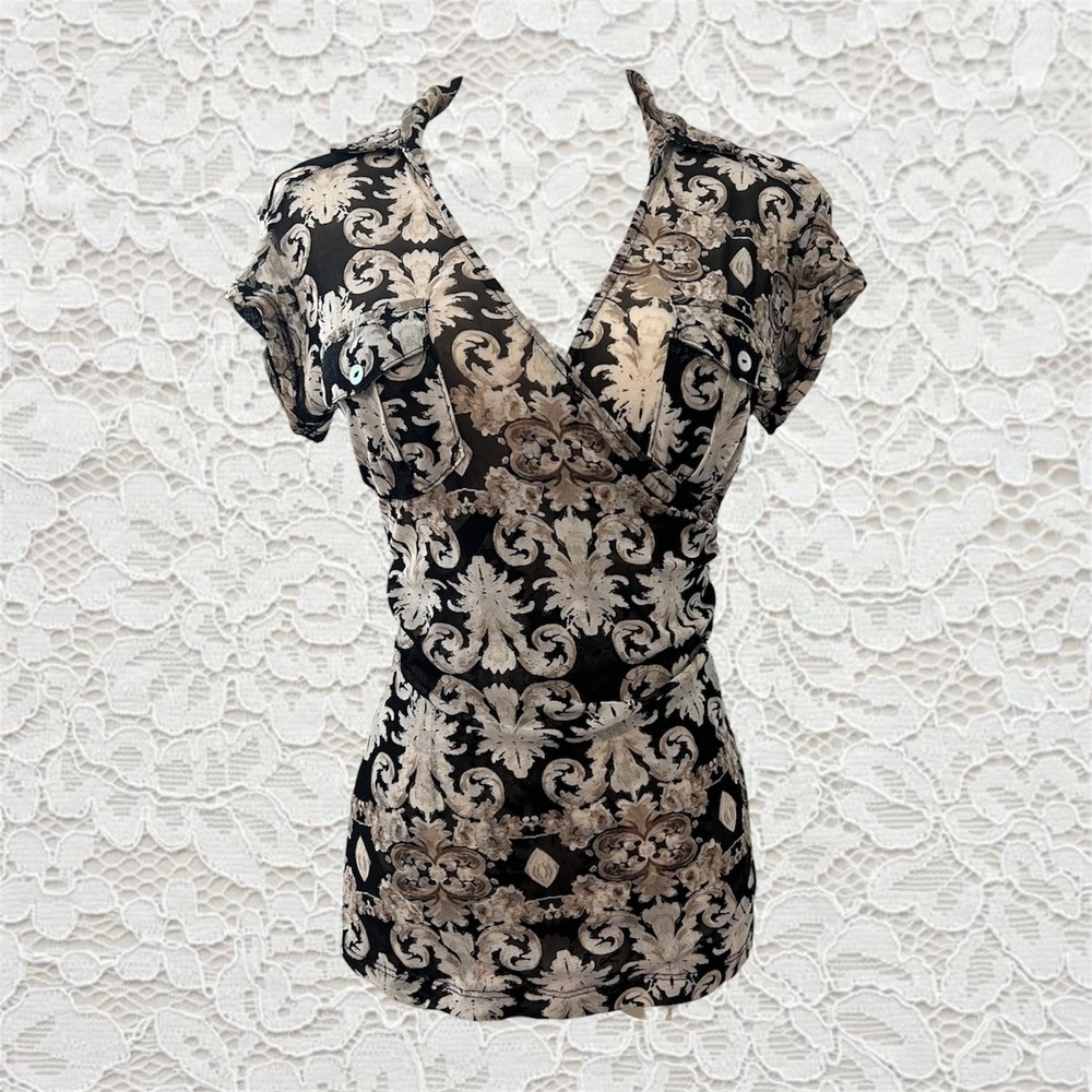 vintage floral patterned‎ office siren mesh short sleeve top